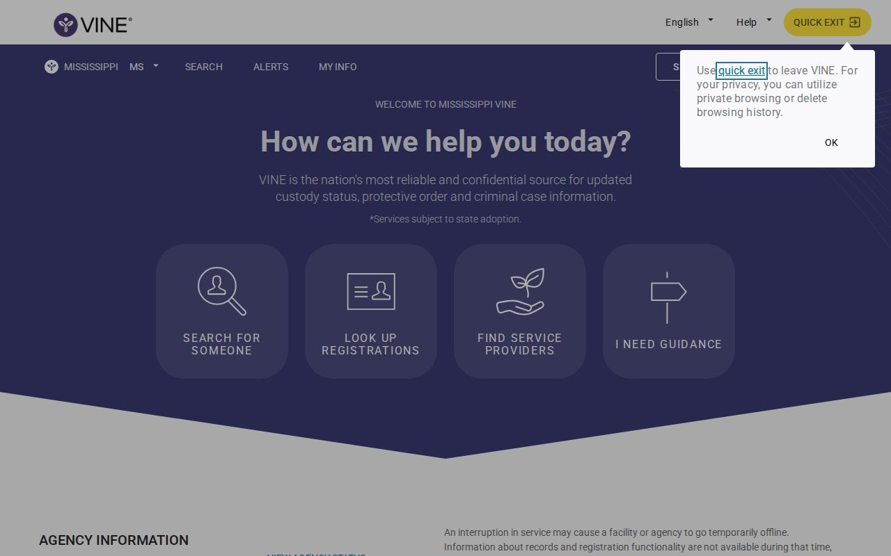 VINELink search interface for a Lafayette County inmate release check